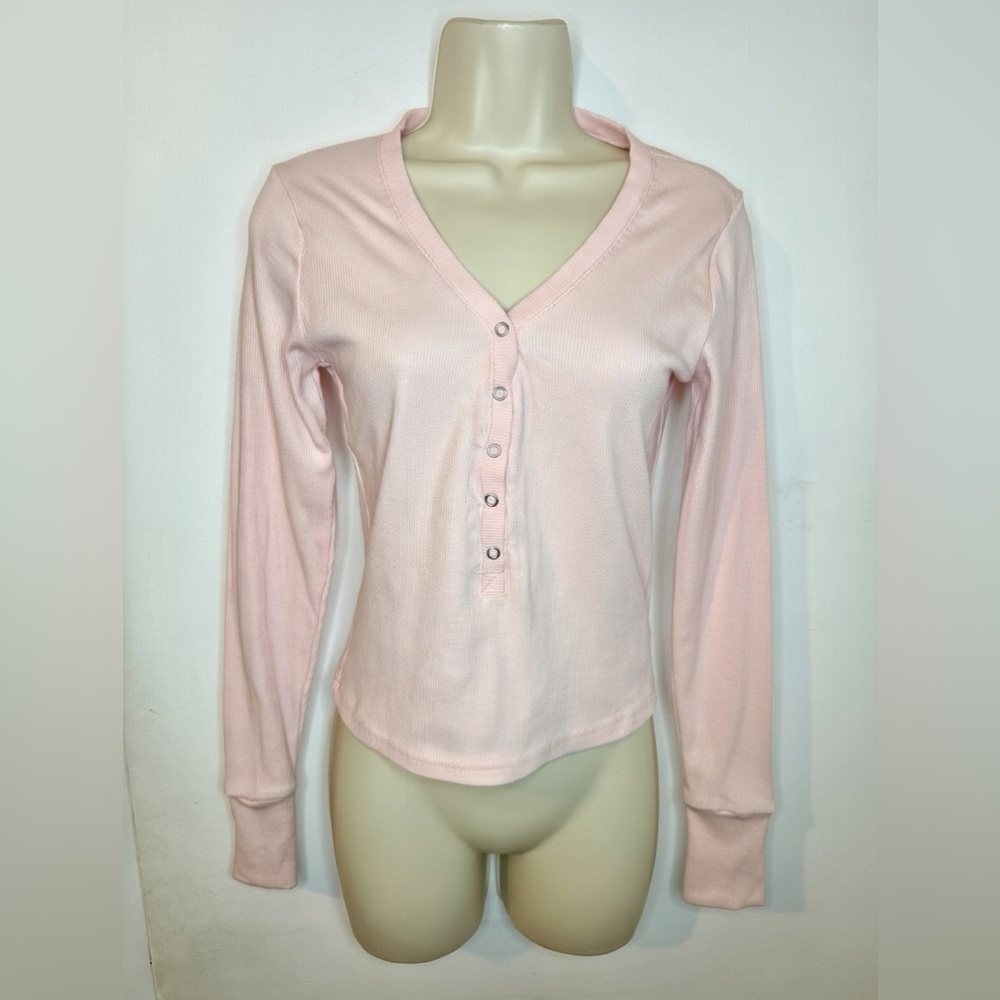 Y2K Arden B Womens Light Pink Ribbed Top Size M Long Sleeve Grunge Low V Neck
